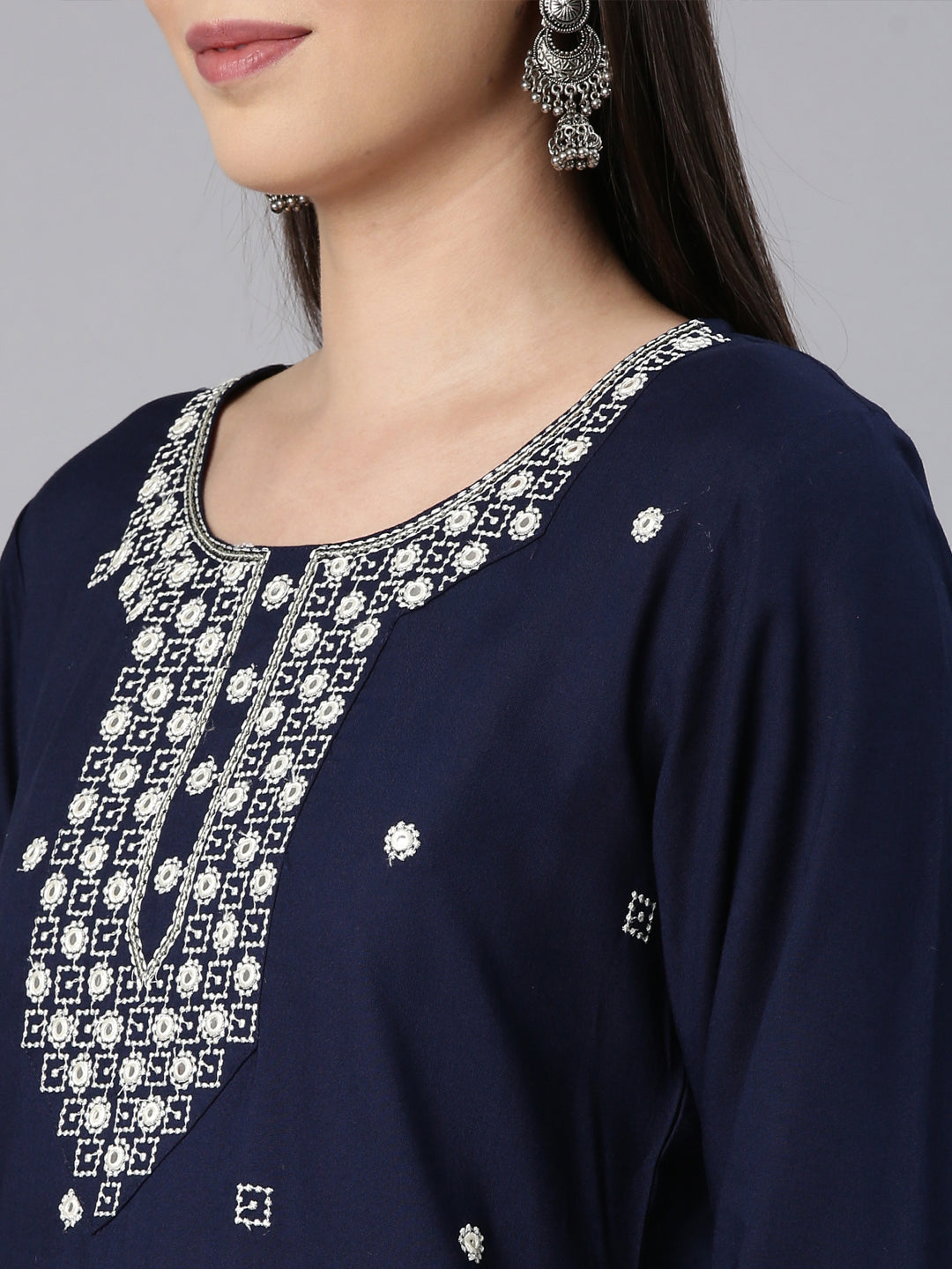 Neerus Blue Rayon Solid Straight Kurta - detail view 2