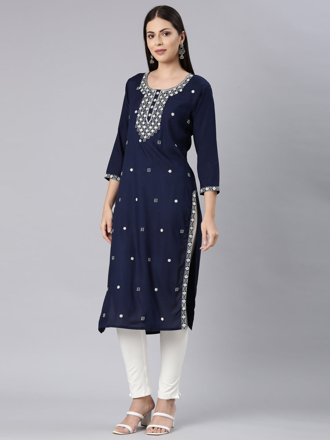 Neerus Blue Rayon Solid Straight Kurta - back view