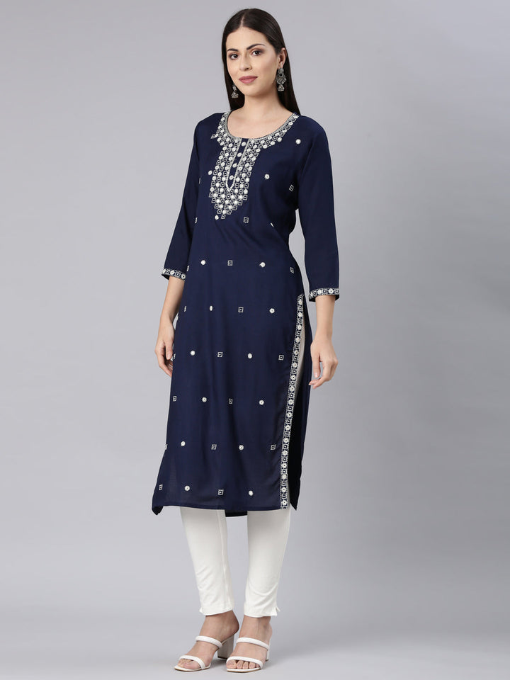 Neerus Blue Rayon Solid Straight Kurta - back view