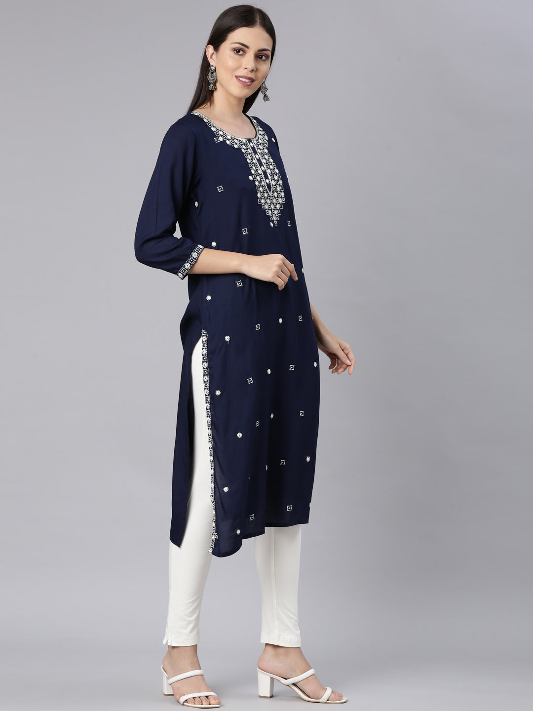 Neerus Blue Rayon Solid Straight Kurta - side view