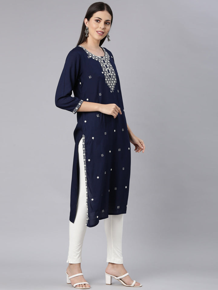Neerus Blue Rayon Solid Straight Kurta - side view