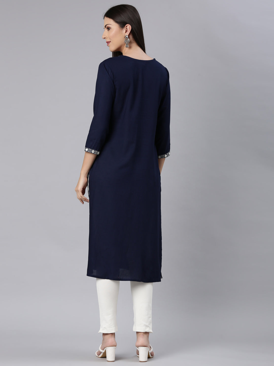 Neerus Blue Rayon Solid Straight Kurta - detail view 1