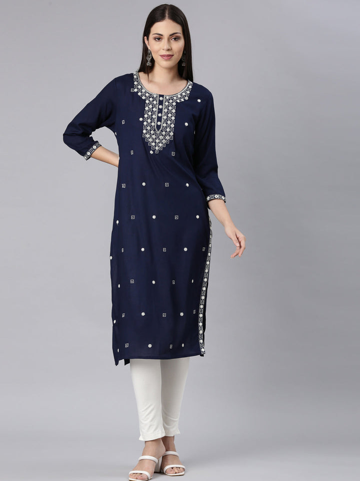 Neerus Blue Rayon Solid Straight Kurta - detail view 3