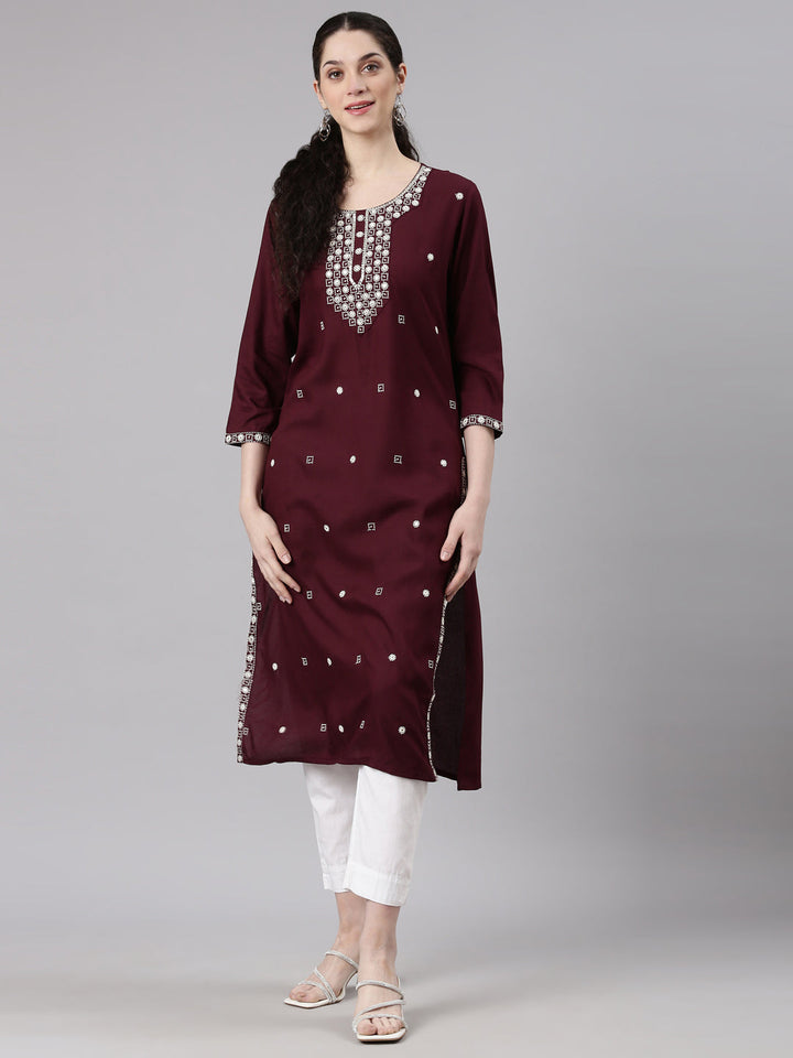 Neerus Red Straight Casual Embellished Kurtas