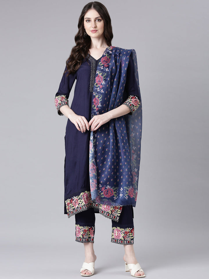 Neerus Blue Viscose Rayon Solid Straight Suit Set - front view