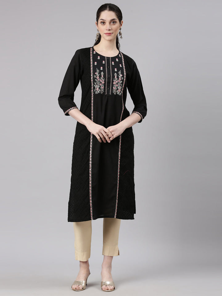 Neerus Black cotton embellished straight kurti - front view