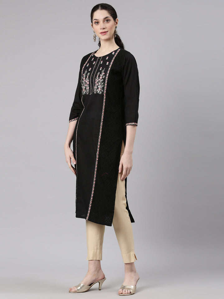 Neerus Black cotton embellished straight kurti - back view