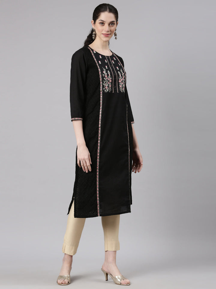Neerus Black cotton embellished straight kurti - side view