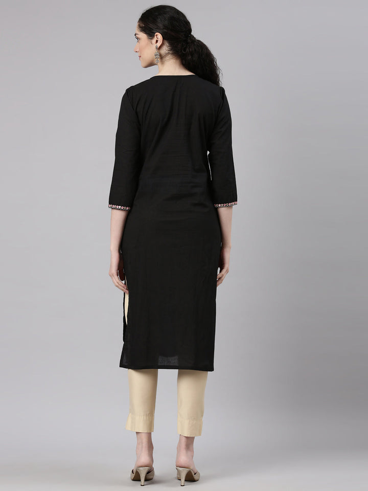 Neerus Black cotton embellished straight kurti - detail view 1