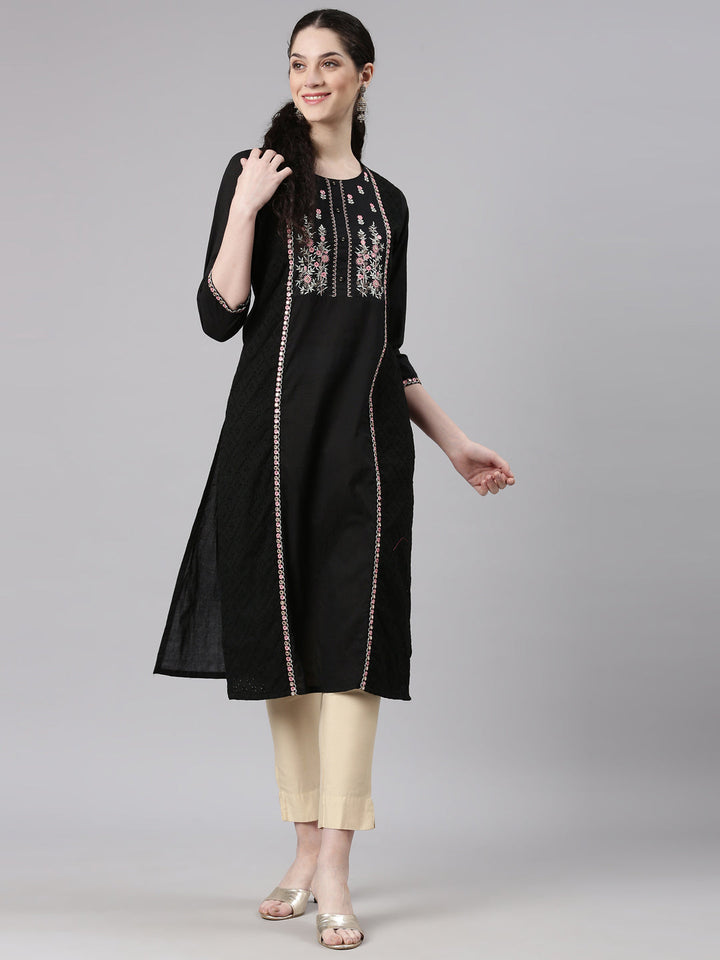 Neerus Black cotton embellished straight kurti - detail view 3