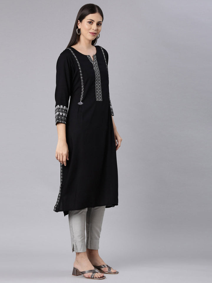 Neerus Black rayon solid straight kurti - side view