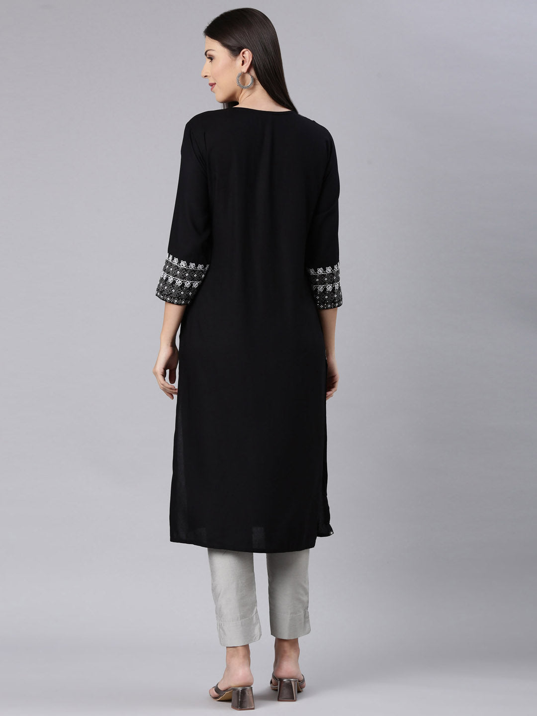 Neerus Black rayon solid straight kurti - detail view 1