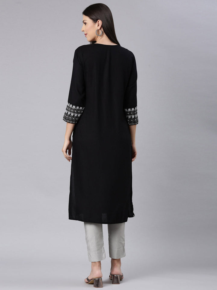 Neerus Black rayon solid straight kurti - detail view 1