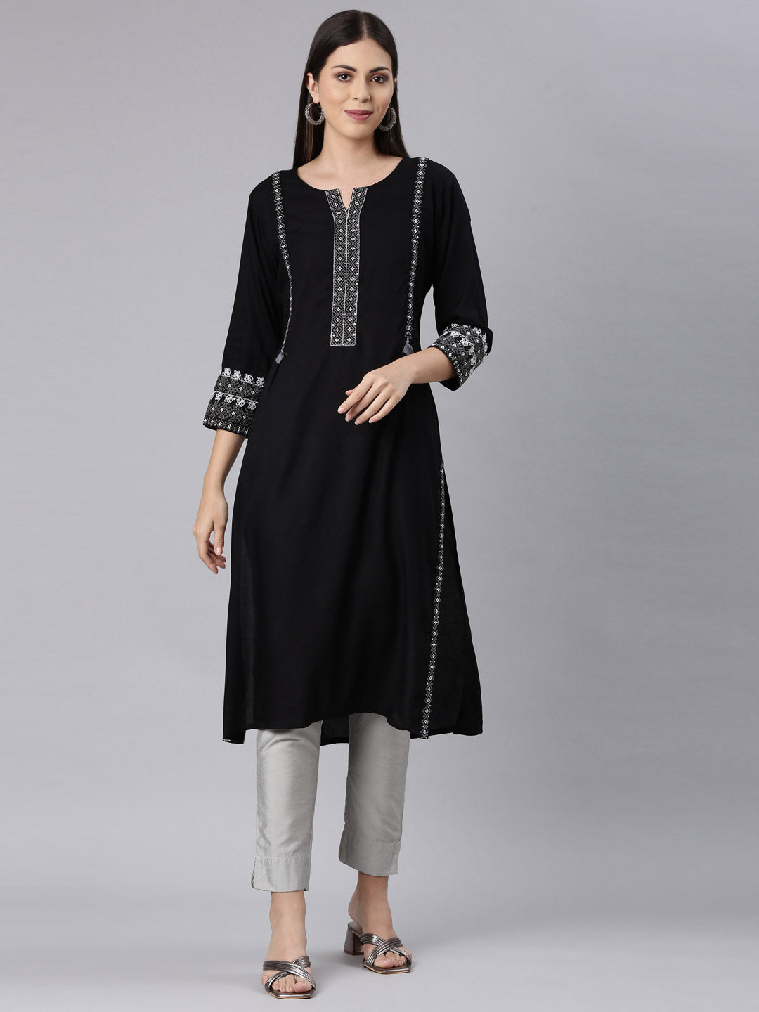Neerus Black rayon solid straight kurti - detail view 3