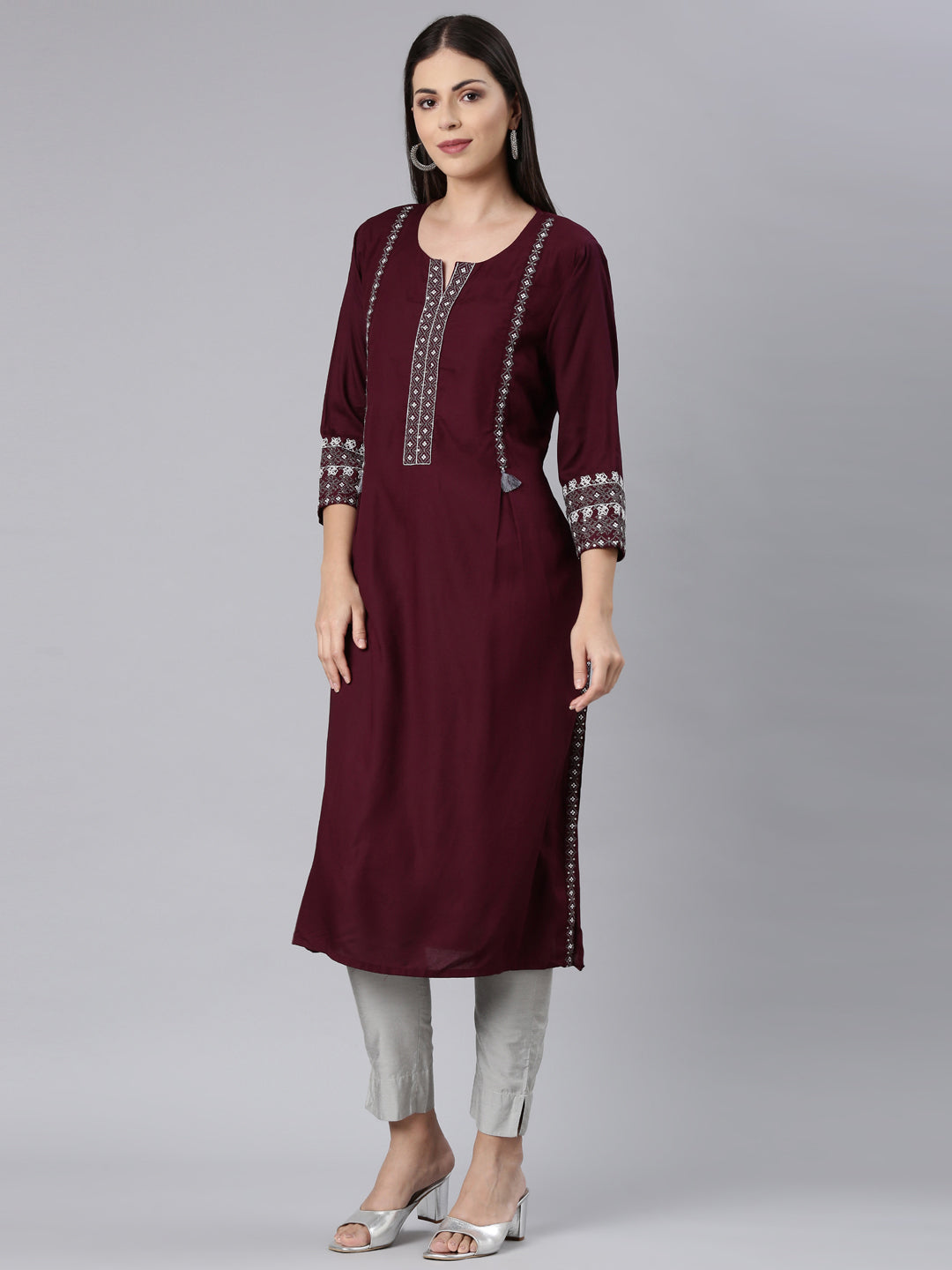 Neerus Maroon rayon solid straight kurta - back view
