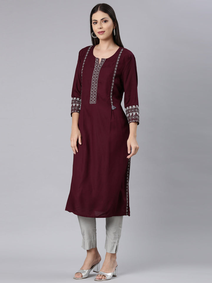 Neerus Maroon rayon solid straight kurta - back view