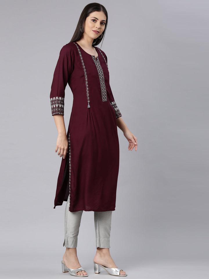 Neerus Maroon rayon solid straight kurta - side view