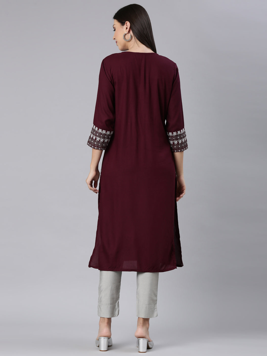 Neerus Maroon rayon solid straight kurta - detail view 1
