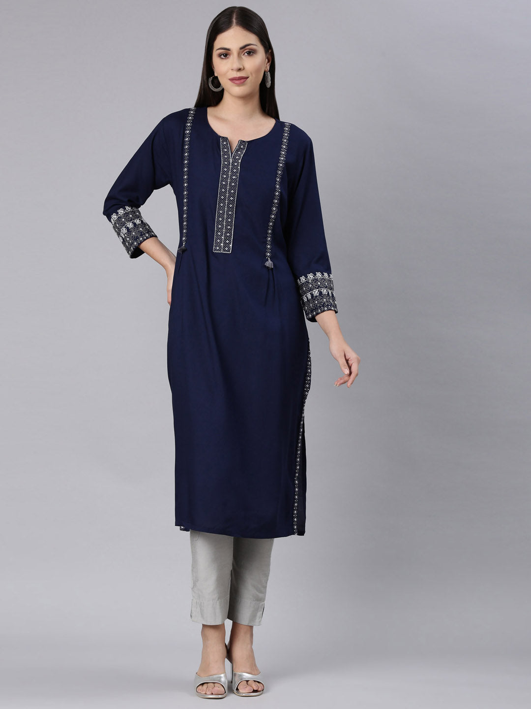 Neerus Blue Rayon Solid Straight Kurta - front view