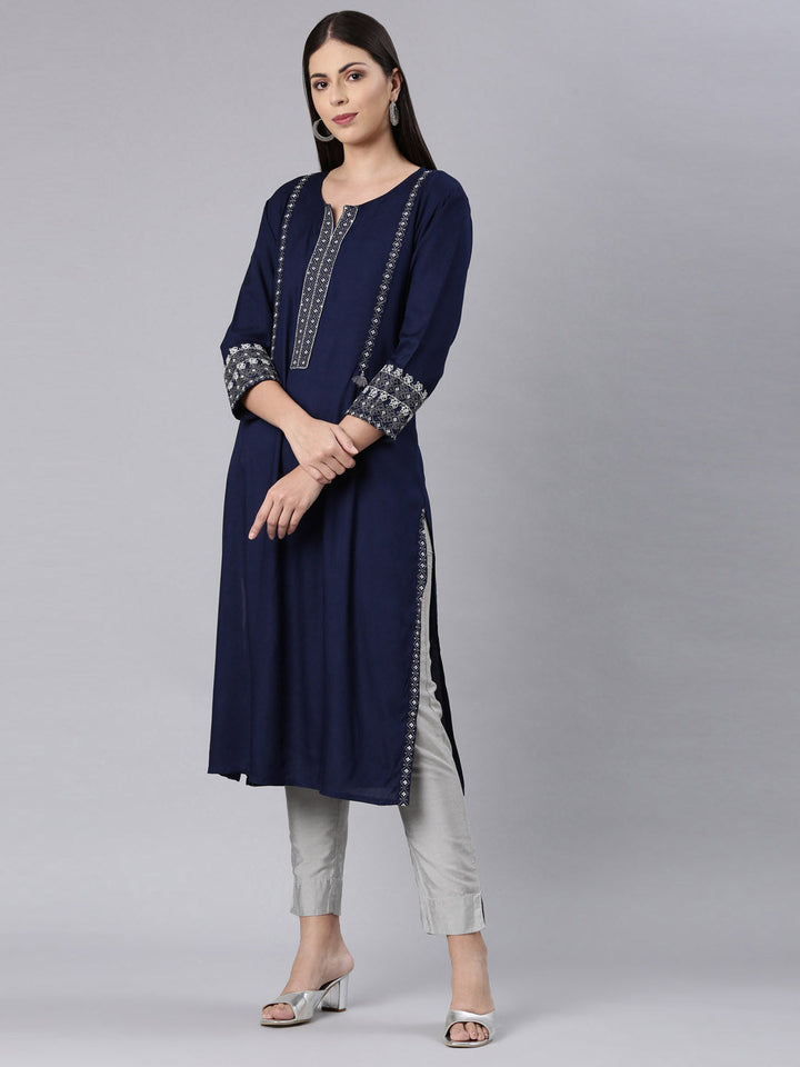 Neerus Blue Rayon Solid Straight Kurta - back view