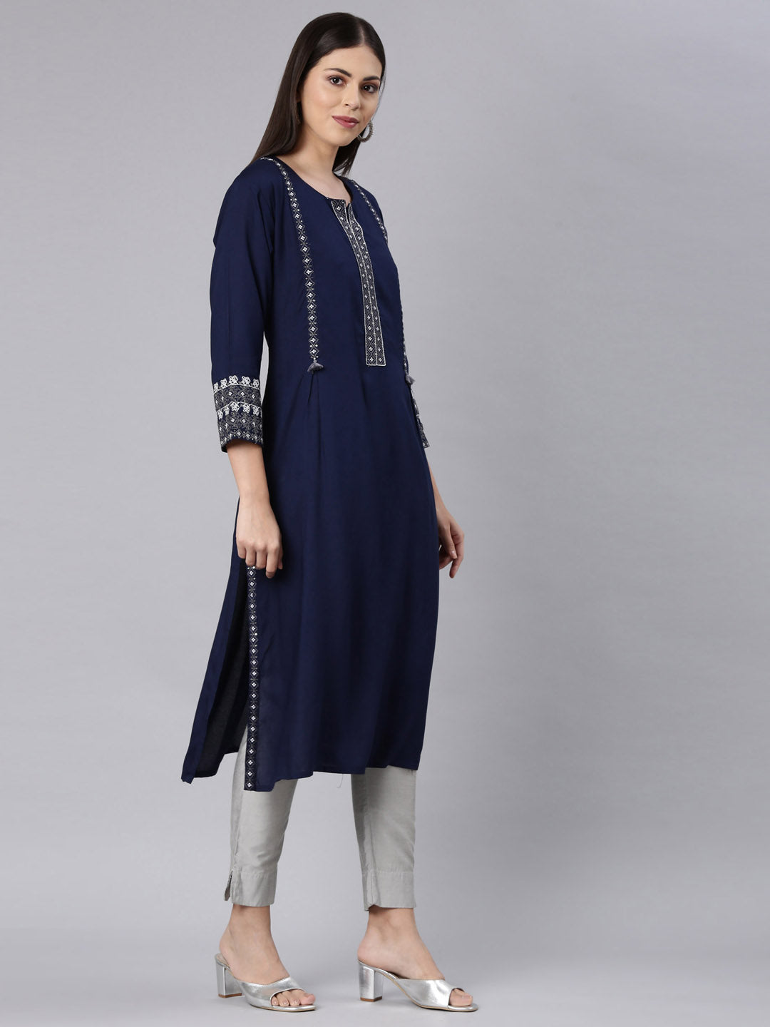 Neerus Blue Rayon Solid Straight Kurta - side view