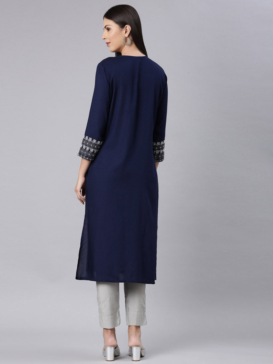 Neerus Blue Rayon Solid Straight Kurta - detail view 1