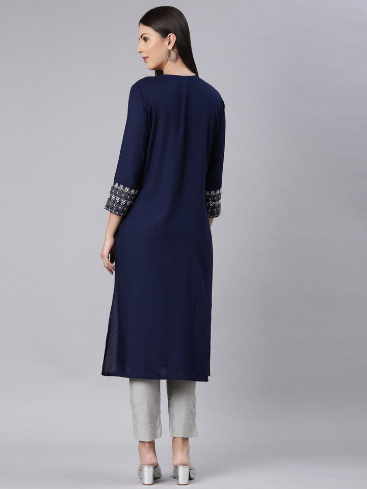 Neerus Blue Rayon Solid Straight Kurta - detail view 1