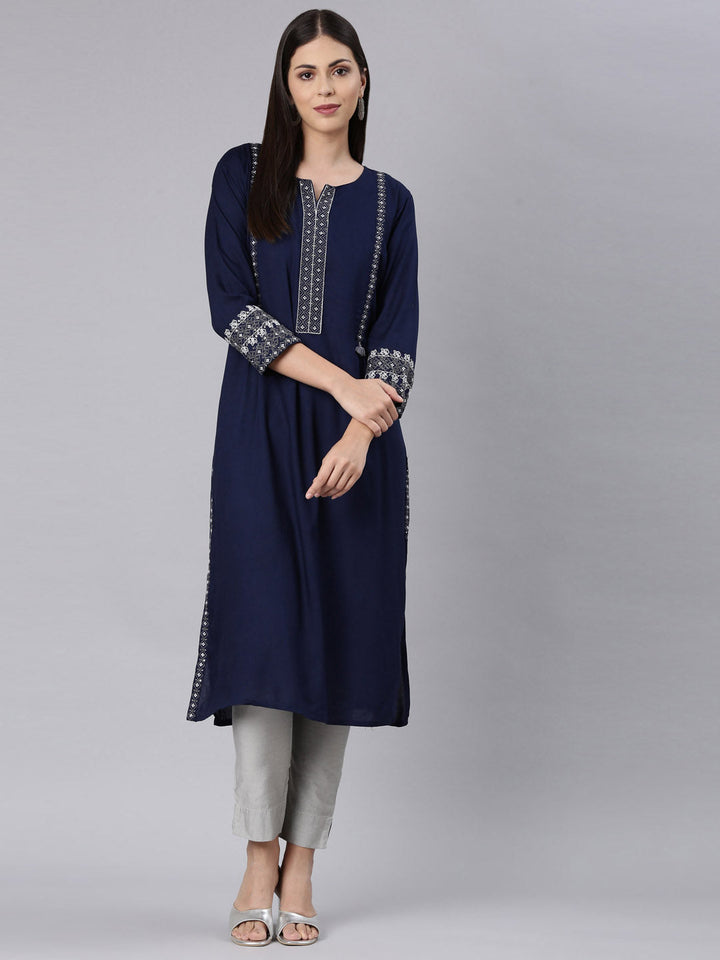 Neerus Blue Rayon Solid Straight Kurta - detail view 3