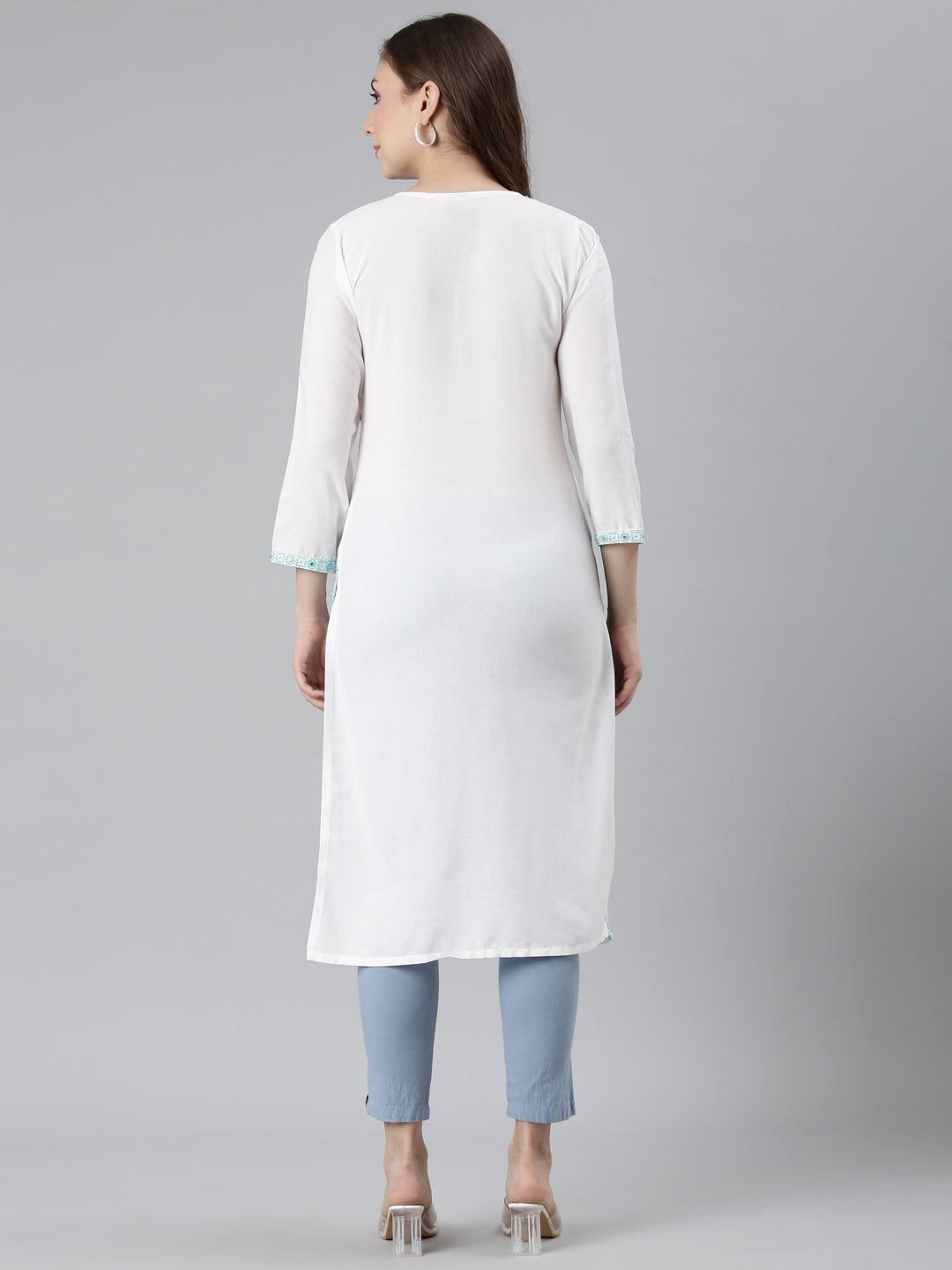 Neerus Blue cotton solid straight kurta - side view