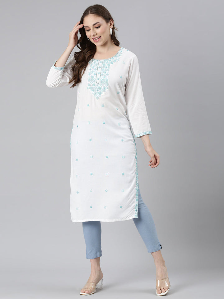 Neerus Blue cotton solid straight kurta - detail view 2