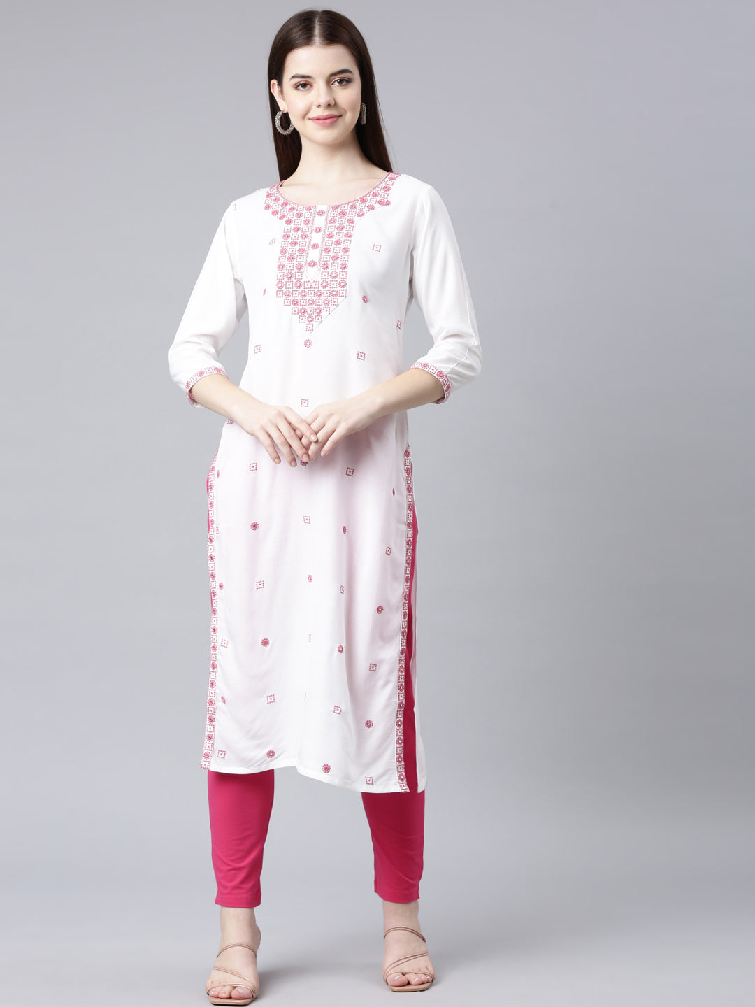 Neerus Maroon rayon solid straight kurta - front view