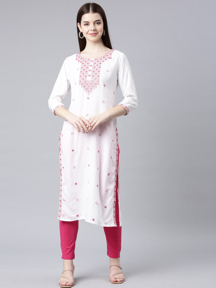 Neerus Maroon rayon solid straight kurta - front view