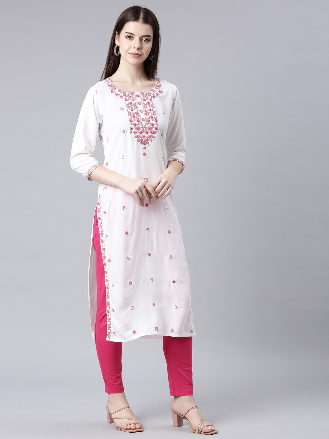 Neerus Maroon rayon solid straight kurta - back view