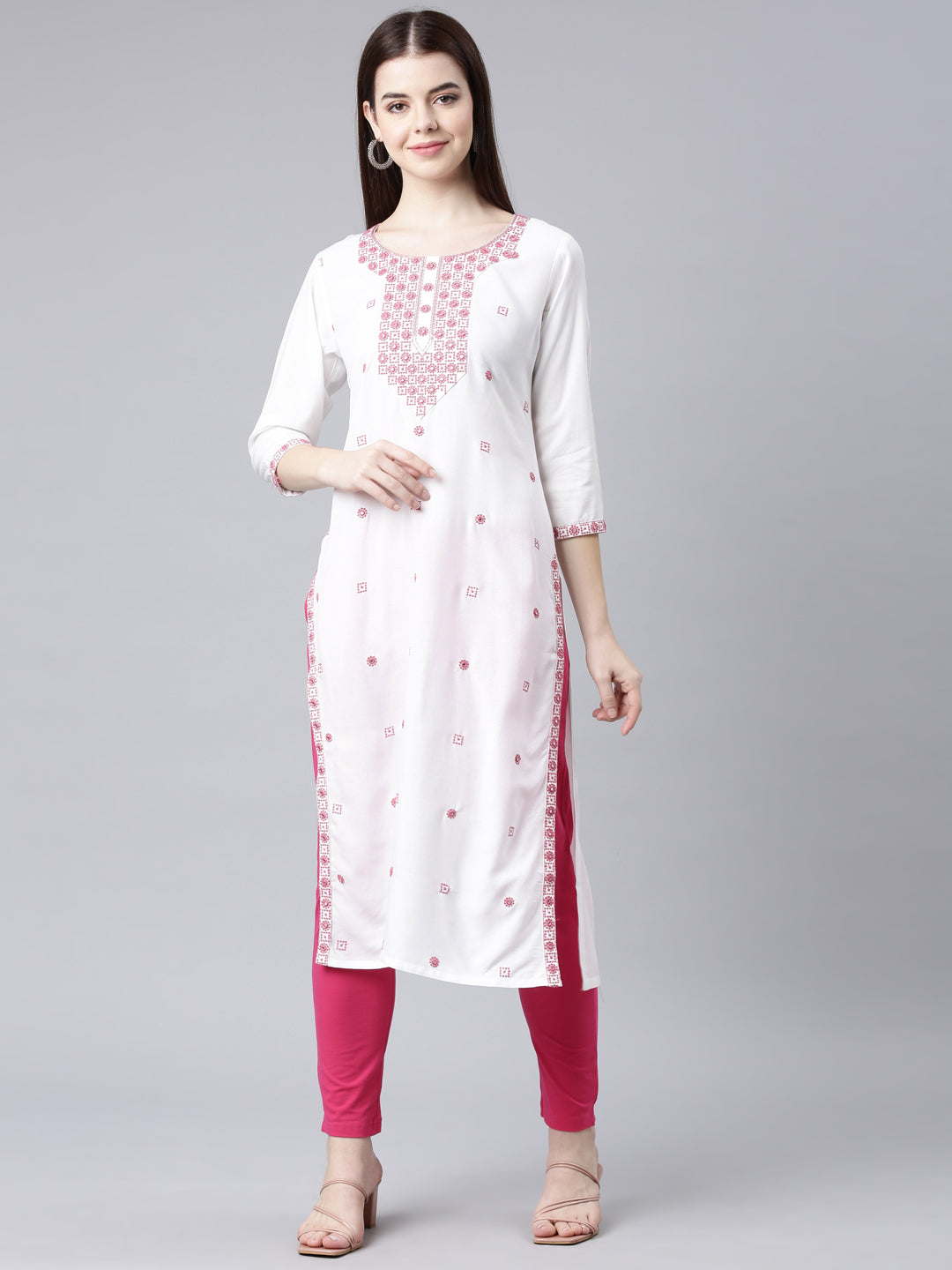 Neerus Maroon rayon solid straight kurta - detail view 2
