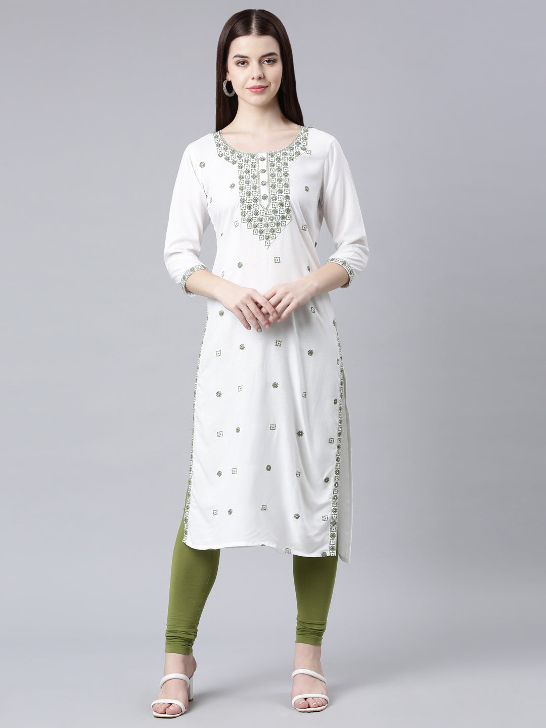 Neerus Green rayon solid straight kurta - front view