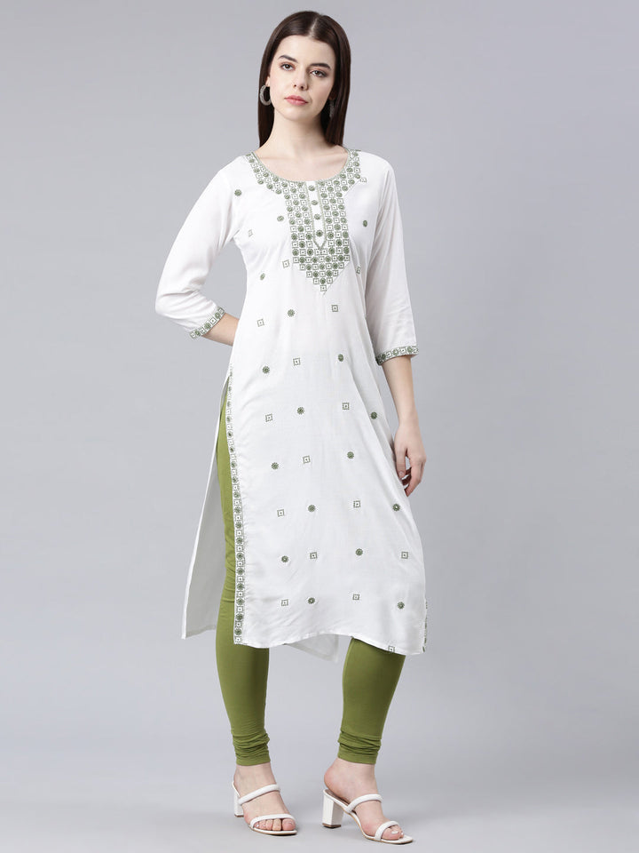 Neerus Green rayon solid straight kurta - back view