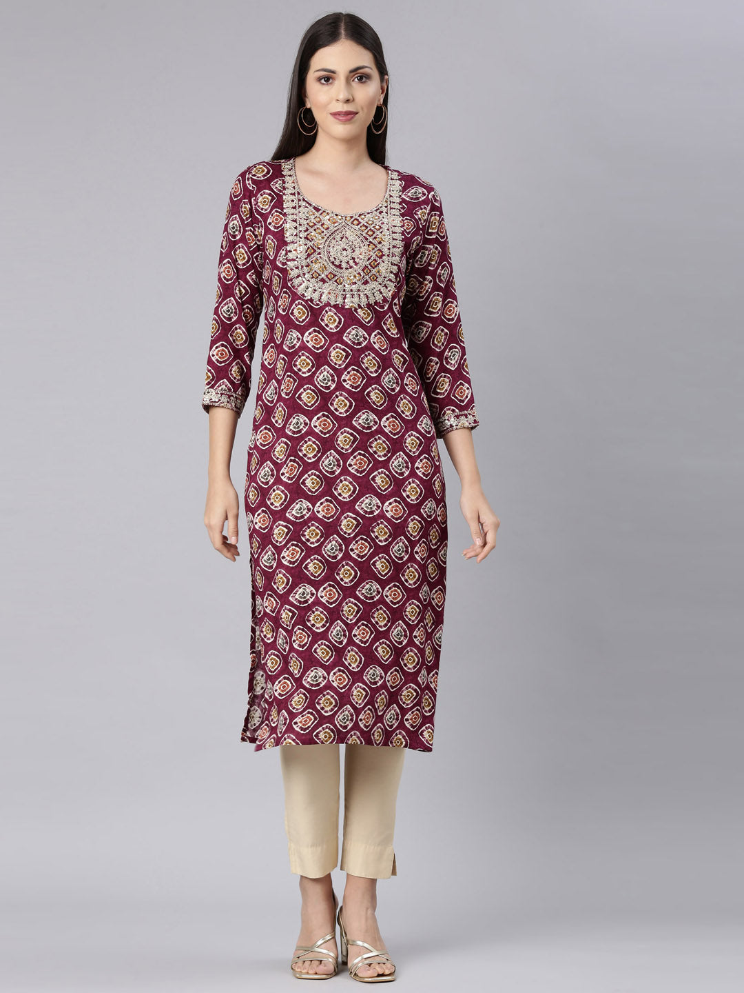 Neerus Purple rayon embellished straight kurta - front view