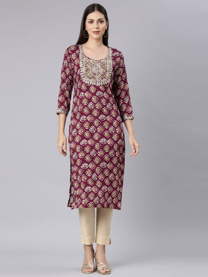 Neerus Purple rayon embellished straight kurta - front view