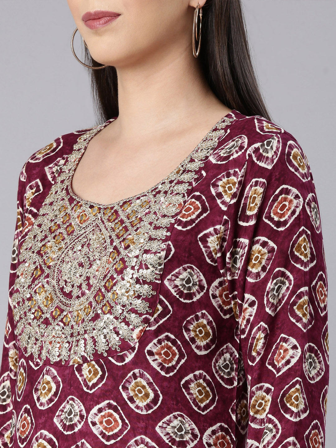 Neerus Purple rayon embellished straight kurta - detail view 2