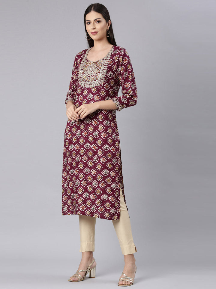 Neerus Purple rayon embellished straight kurta - back view