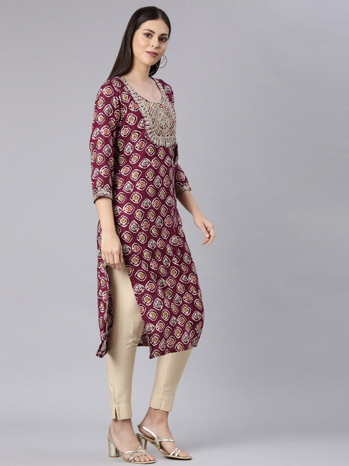 Neerus Purple rayon embellished straight kurta - side view