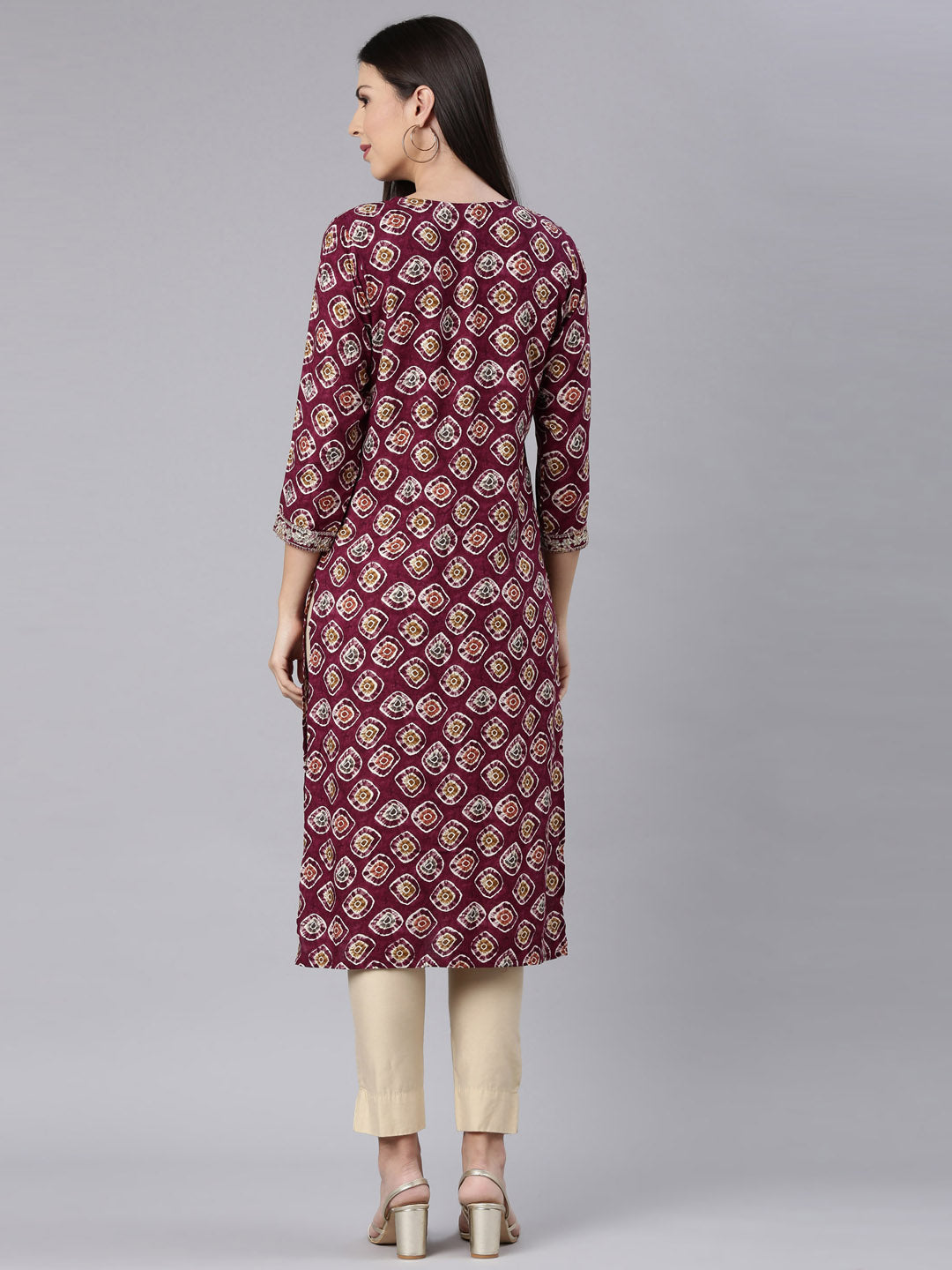Neerus Purple rayon embellished straight kurta - detail view 1