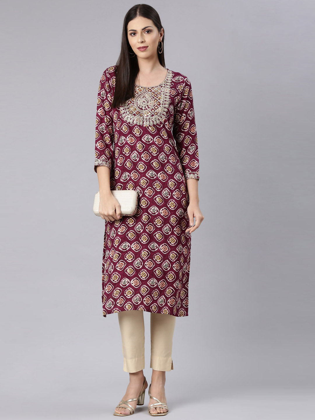 Neerus Purple rayon embellished straight kurta - detail view 3