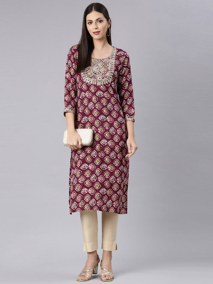 Neerus Purple rayon embellished straight kurta - detail view 3