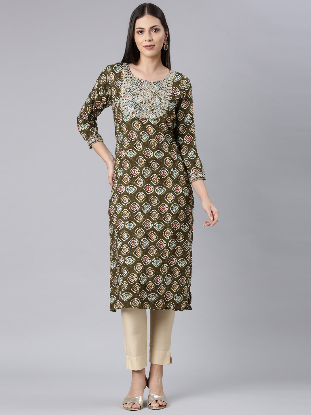 Neerus Green rayon embellished straight kurta - front view