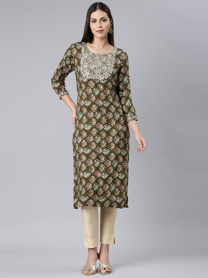 Neerus Green rayon embellished straight kurta - front view