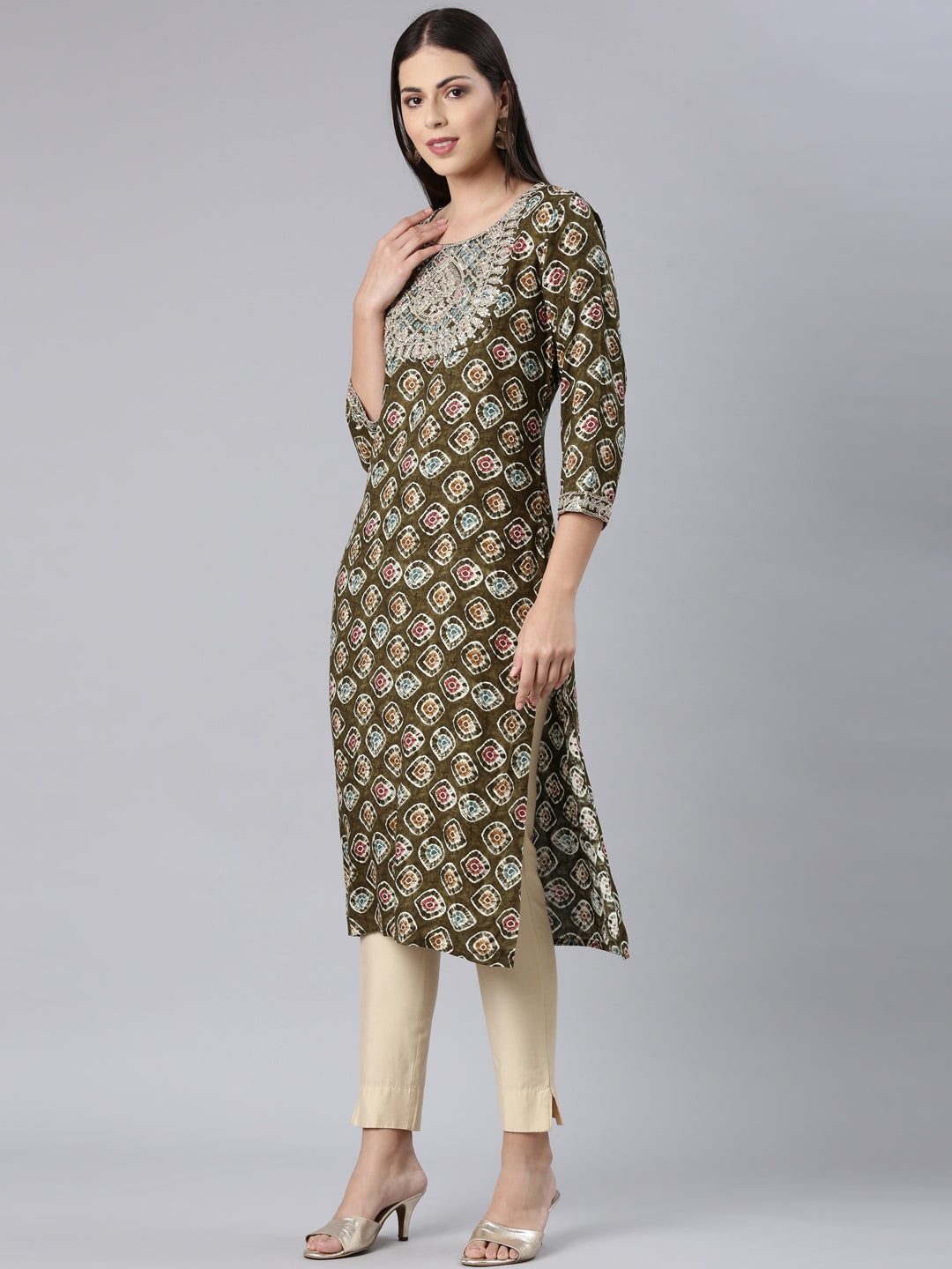Neerus Green rayon embellished straight kurta - back view