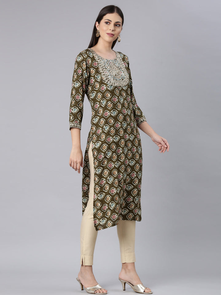 Neerus Green rayon embellished straight kurta - side view