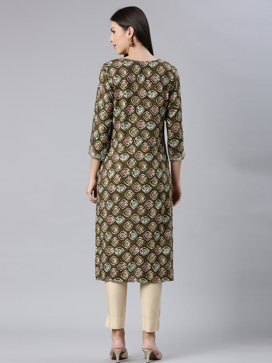 Neerus Green rayon embellished straight kurta - detail view 1