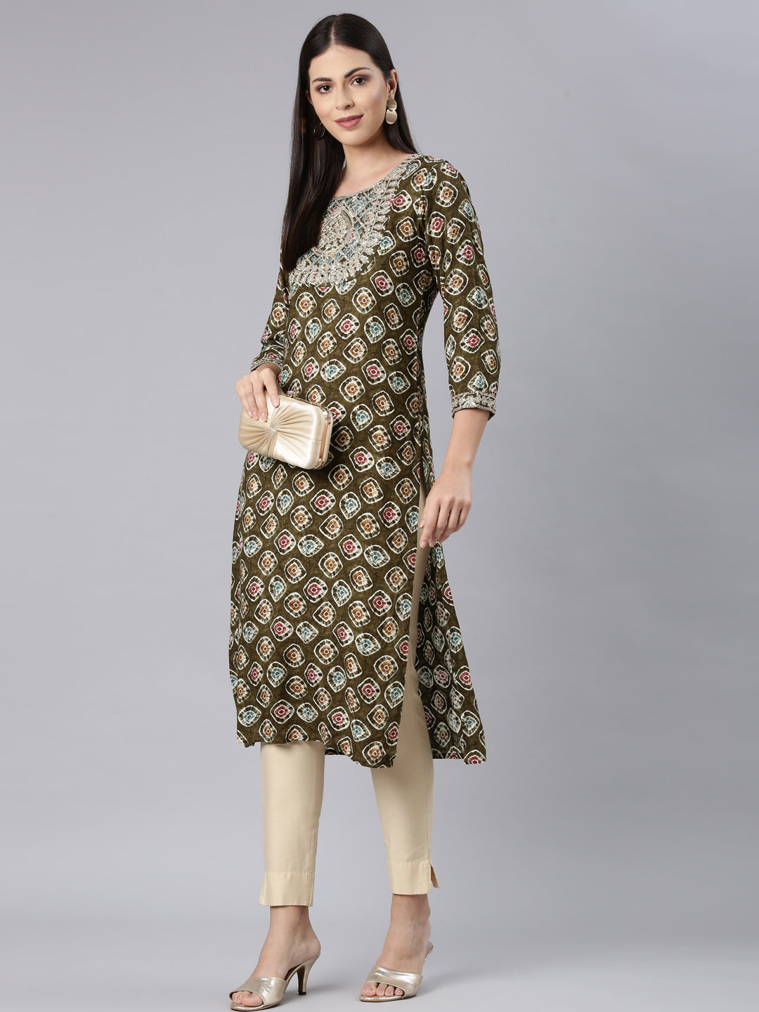 Neerus Green rayon embellished straight kurta - detail view 3